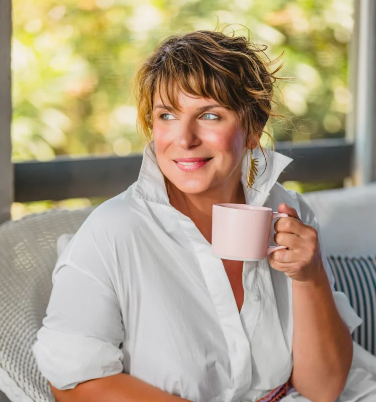 Chef Vivian Howard, Executive Chef of Theodosia restaurant at the Sanderling Hotel, enjoying a cup of coffee.